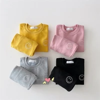 9181 ins baby clothing set cartoon suit embroidered smiling face casual sweater set autumn winter 2021 boy girls two piece set