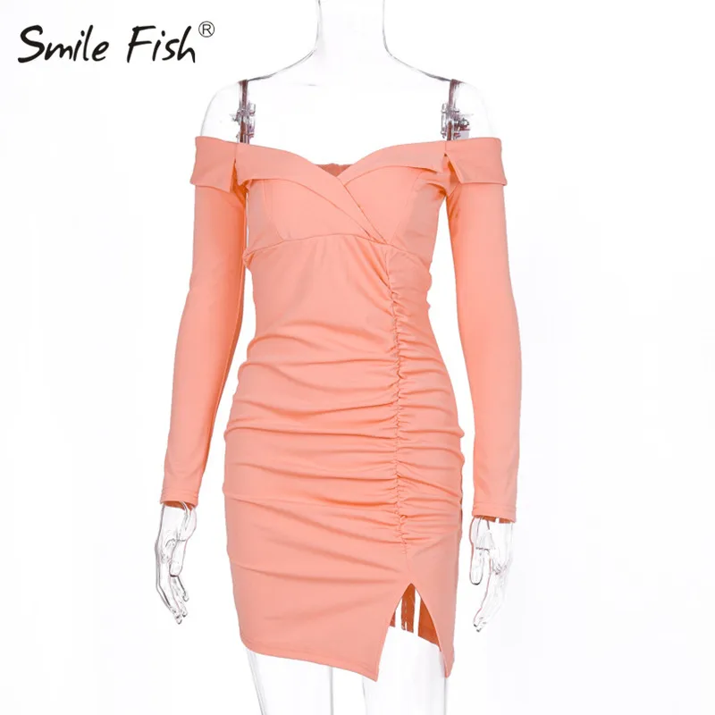M0494 Pink Женские вечерние мини-платья с открытыми плечами на бретельках с длинным рукавом, платье с v-образным вырезом и поясом, сексуальное платье с разрезом - Цвет: M0494 Pink