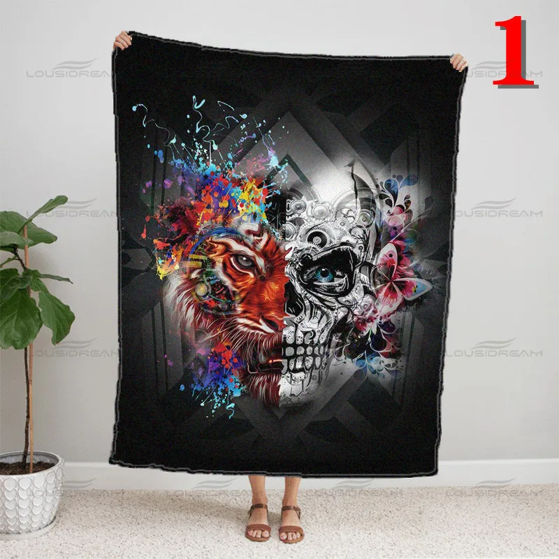 

Psychedelic Cartoon Animal Skull Pattern Blanket Flannel Household Air-conditioning Quilt Portable Blanket for Travel Bedding