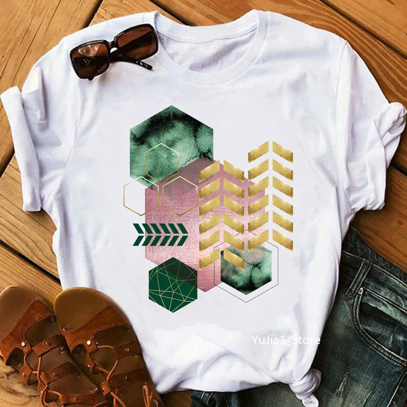 

Abstract Geo In Blush Pink And Gold Print T-Shirt Women Clothes 2021 Summer Style Tshirt Femme White Short Sleeve T Shirt Tops