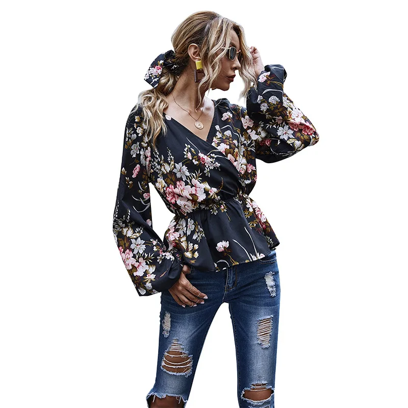 

original design autumn and winter fashion printing V collar waist lotus leaf lantern long sleeve jacket spot