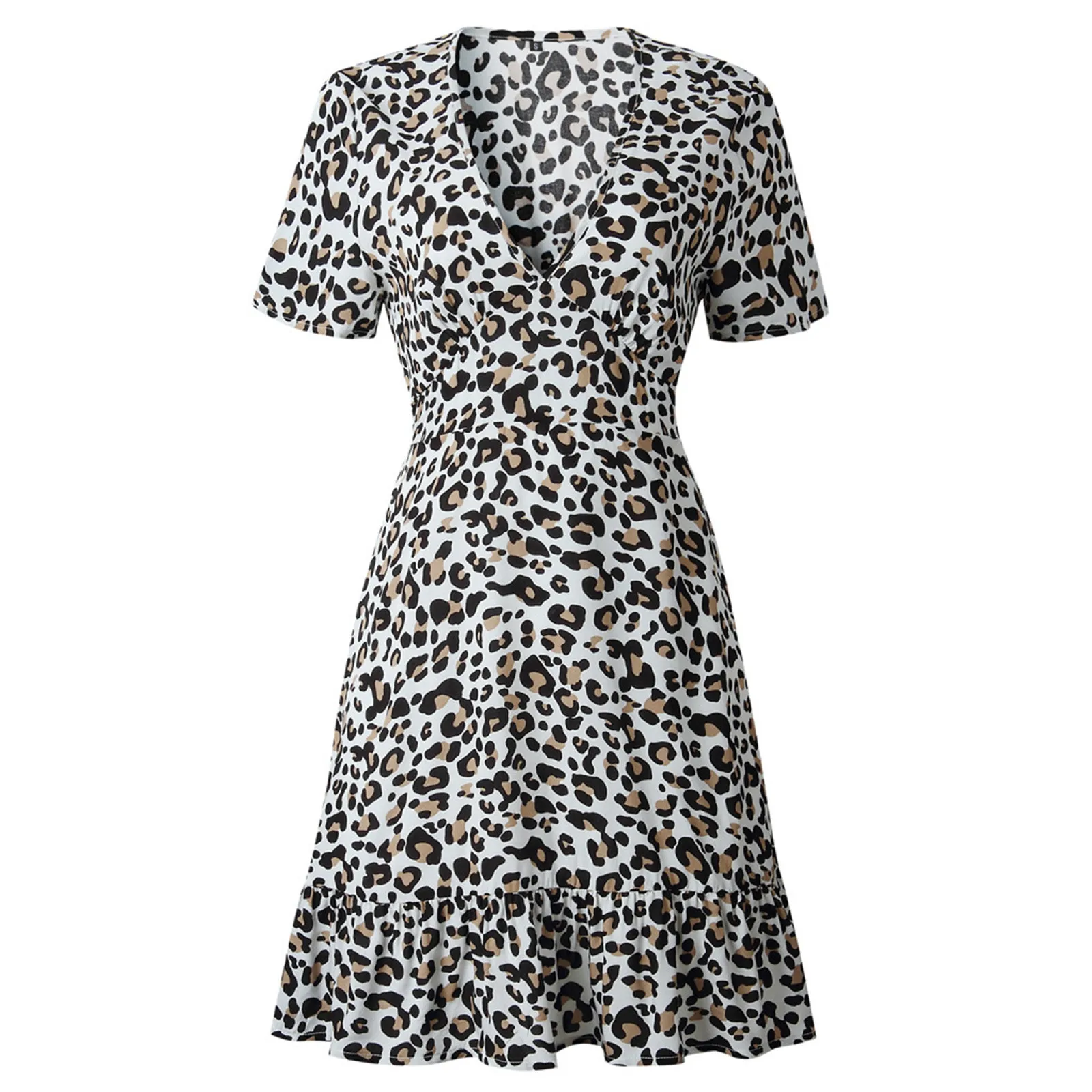 

40# Leopard Printed Dress Women Summer Bodycon Mini Dress Sexy Ruffle Summer Dress 2021 Short Sleeve V Neck Boho Dress Vestidos