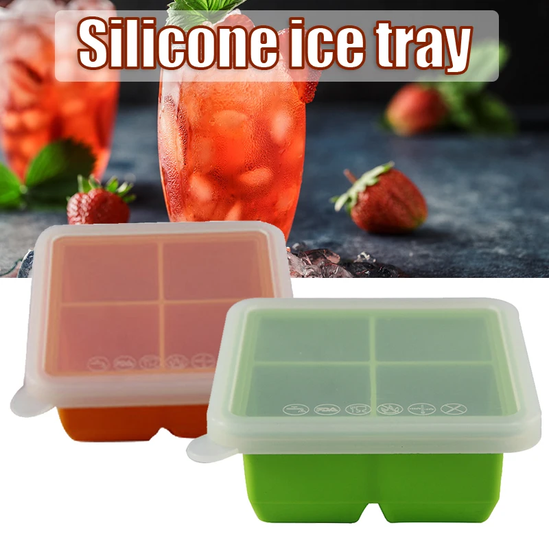 

HOT Food Grade Silicone Ice Tray Ice Mold with Cover Box Baby Food Supplement Box Kitchen Supplies