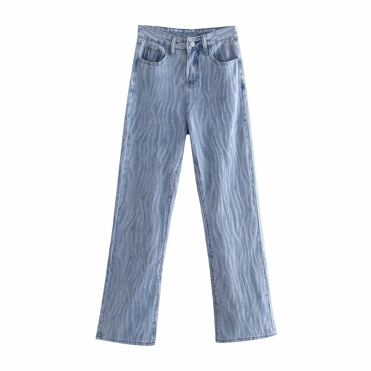 

Casual Water Ripple Straight Denim Pants Woman Real Pocket High Waist Full Length Pants 2021 New Spring/Autumn Fashion