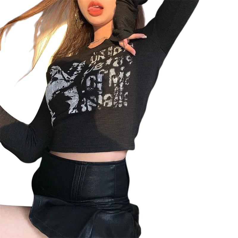 

Hirigin Y2K Skinny Vrouwen Grafische T Shirts Women Ribbed Tops Long Sleeve Solid Color Over Navel Crop Tops for Spring Summer