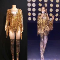rhinestone bodysuit womens gold sequin tassel jumpsuit long sleeve elastic sexy fashion stage bar wear nightclub dj ds costumes