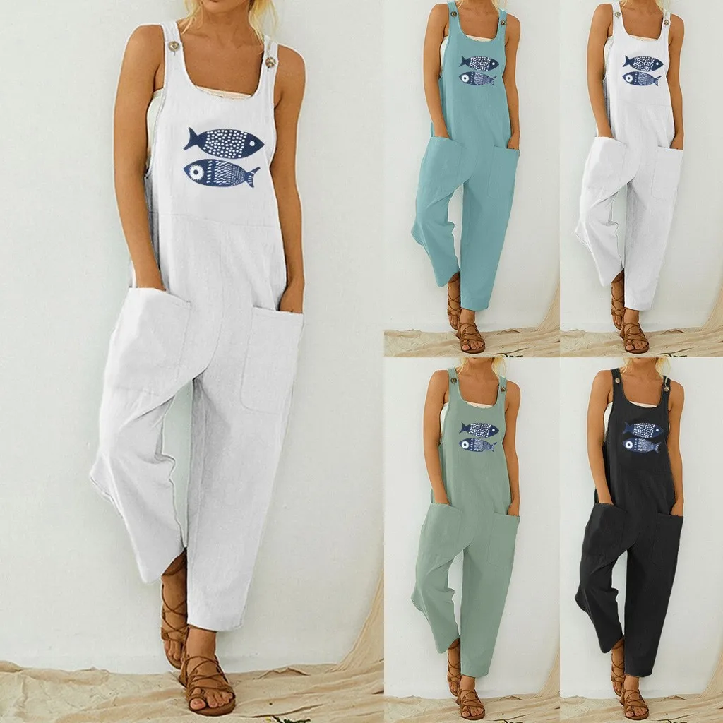 

30h Women Jump Suit Casual Boho Fish Print Oversized Bodysuit Pocket Romper Long Playsuit Strap Button Jumpsuit Dropshipping