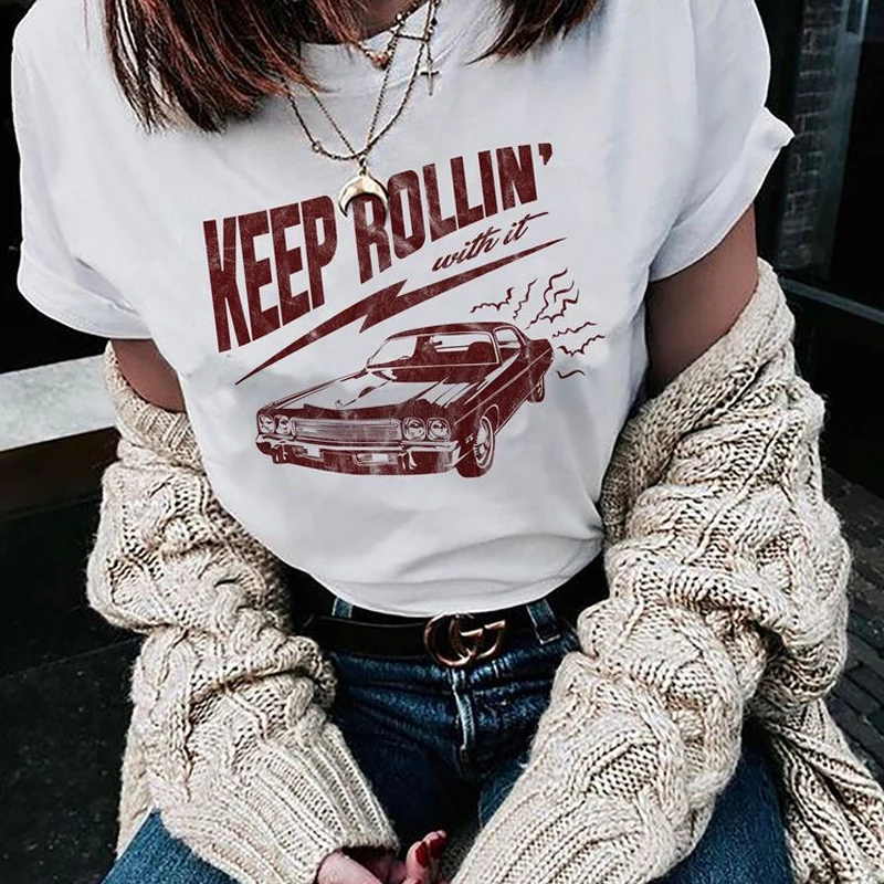

Женская Винтажная Футболка с принтом «Keep Rolling With It», белые хлопковые топы с коротким рукавом, свободная Милая футболка с графическим принтом...