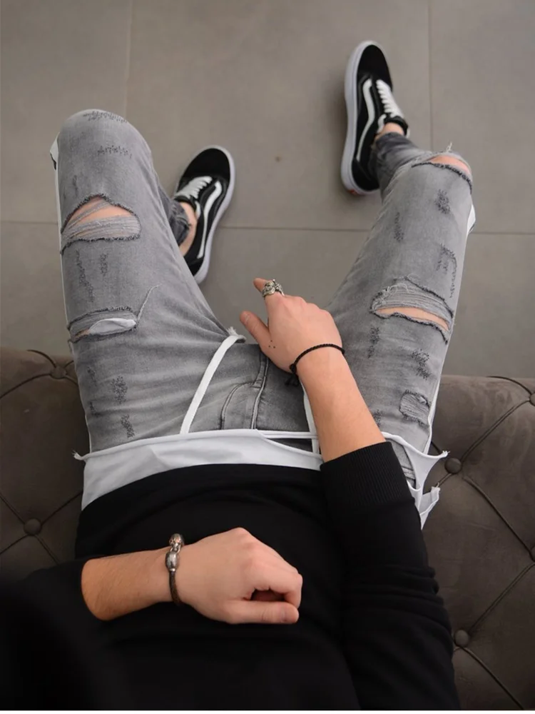 Мужские Стрейчевые узкие джинсы с узкими дырками по центру талии мужские брюки r