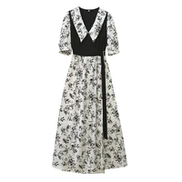 wkfyy women vintage prairie chic spliced floral print turn down collar belt vest puff sleeve split mid calf length dress d4039