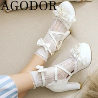 agodor 2021 criss cross strap pumps lolita mary janes pearl lace pumps cute cosplay heels for women block high heel pumps