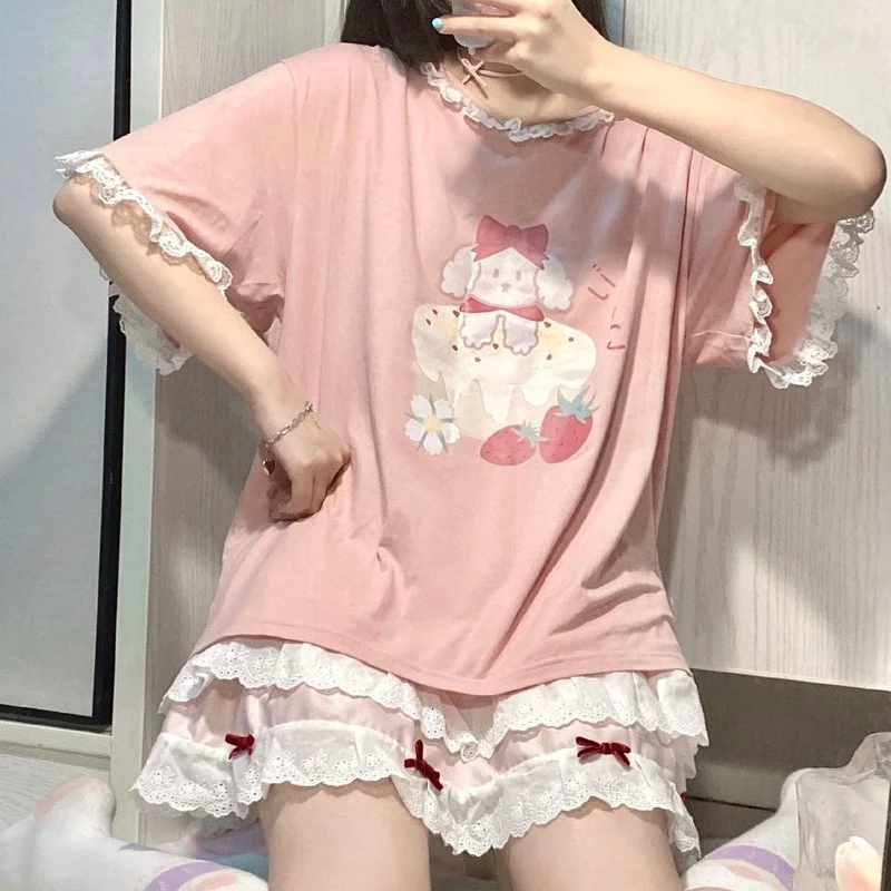 

Футболки Fernan Kawaii, с принтом клубники, с графическим принтом, кружевные, летние, в японском стиле, 2021, футболки с коротким рукавом для подростк...