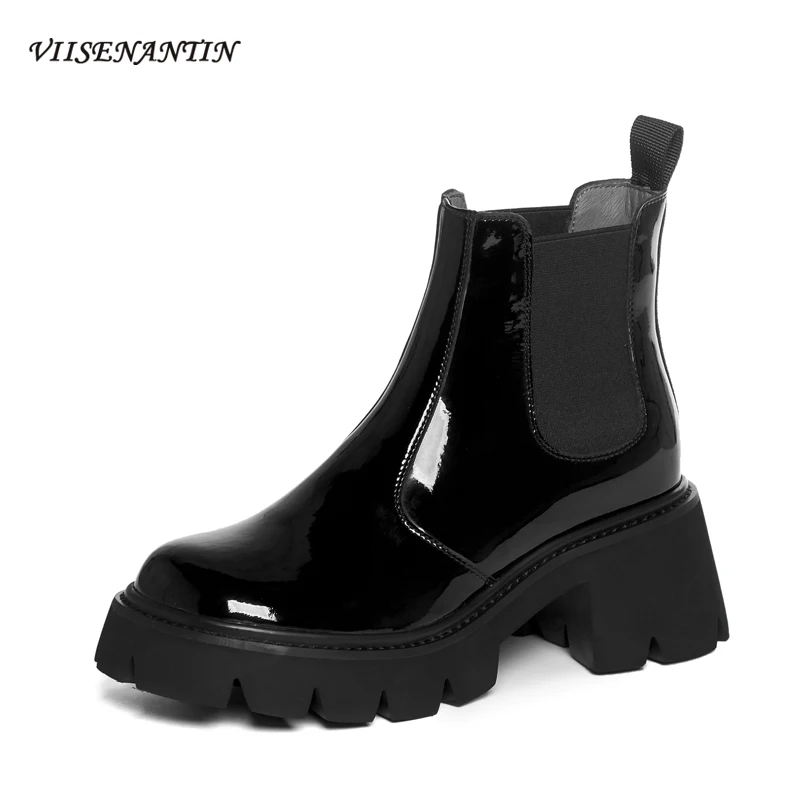 

Ботинки женские из лакированной кожи, на толстой подошве, с квадратным носком