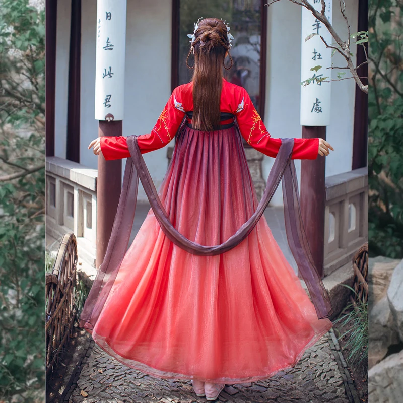 Красное сказочное платье Hanfu костюм для народного косплея наряд студенческого