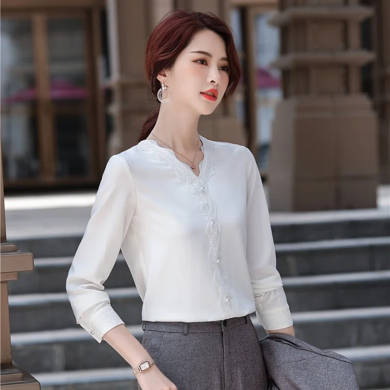 Женская офисная блузка с V-образным вырезом и длинным рукавом | одежда