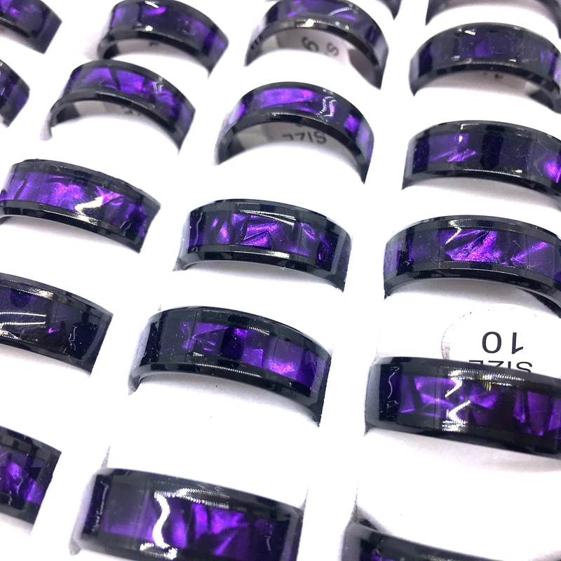 

MixMax 36PCs Purple Men's Women's Rings Shell Stainless Steel Black 8mm Band Ring Wholesale Jewelry