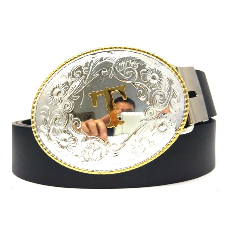 Casual Black PU Leather Man Belt with Golden Initial Letter "T" Oval Shiny Silver Metal Buckle Western Cowboy Accessories
