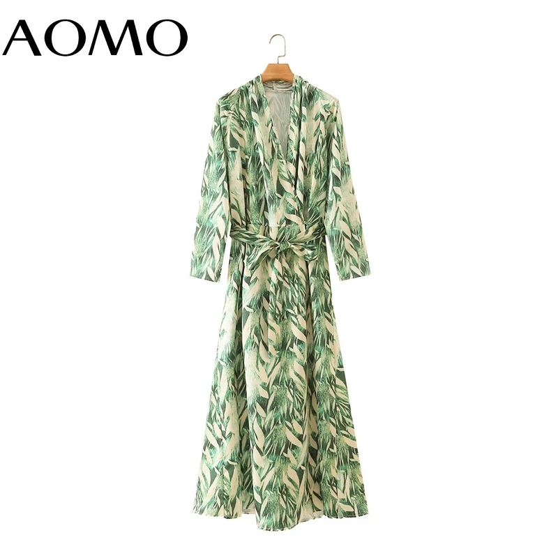 

AOMO 2021 Fashion Women Green Leaves Print Long Dress with Slash Long Sleeve V Collar Ladies Vintage Dress 4T160A
