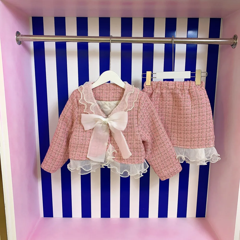 

Brand Designer Children's Clothing 2021 Autumn Girls Sets Elegant Princess Style Coats Top+Skirt 2Pcs Winter Kids Clothes Outfit