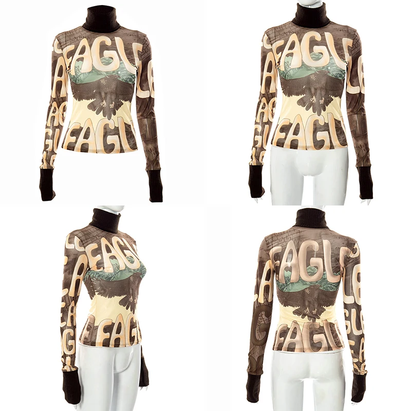 Осенние модные футболки с принтом орла пуловер высоким воротником и длинными