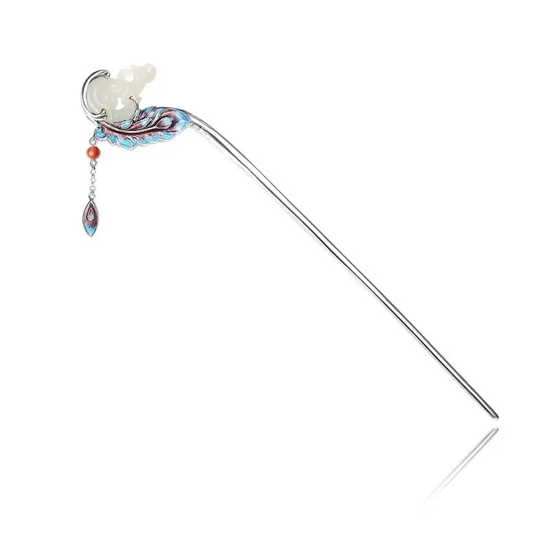 

Original designer handicraft cloisonne natural Hetian white magnolia feather hairpin Chinese ethnic style ladies silver jewelry