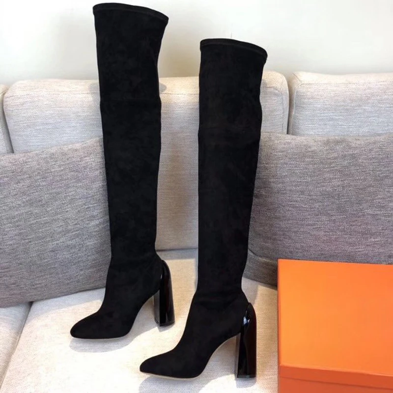 Koop Met Logo Herfst En Winter Vrouwen Schoenen Effen Kleur Hoge Hakken Dikke Hak Ronde Neus Elasticiteit Lange Laarzen Over De Knie Laarzen