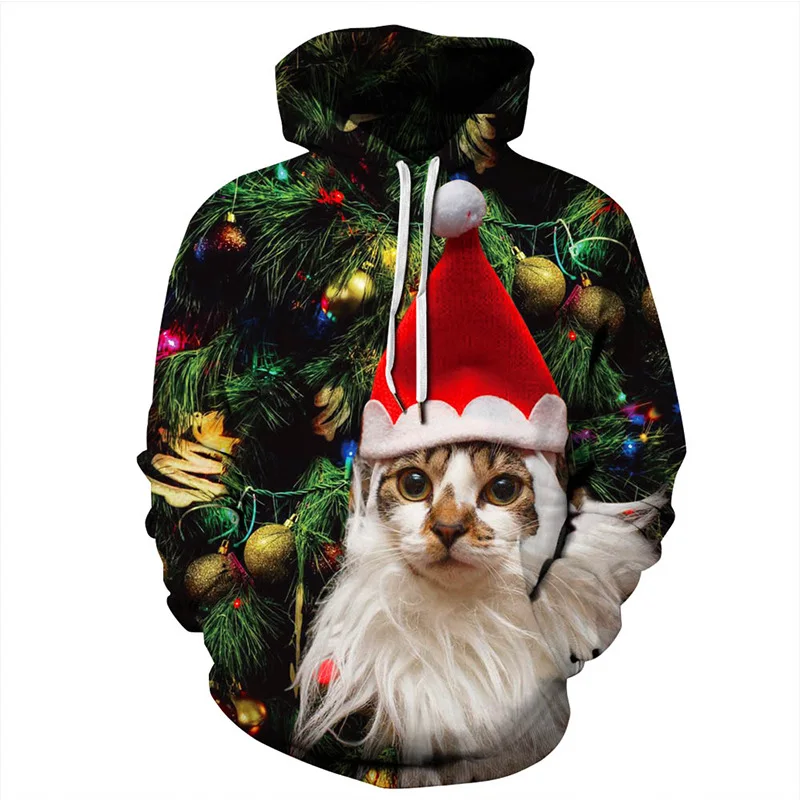 Размера плюс кот печать Рождество Женщины Мужчины влюбленные толстовки INS Spoof с