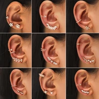 rhinestone star ear clip geometric crystal leaf flower sunflower pearl zircon stud earrings set with pierced for women girls