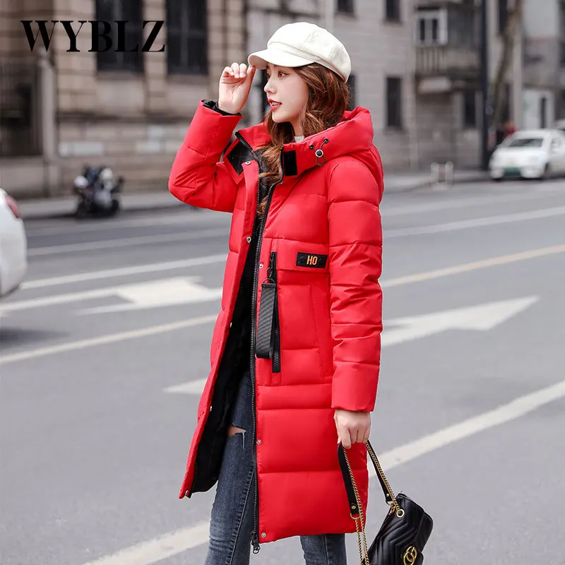 WYBLZ New Winter Parkas Jacket Women Hooded Warm Long Cotton Jackets Female Solid Color Loose Simple Padded Coat for Women 2021