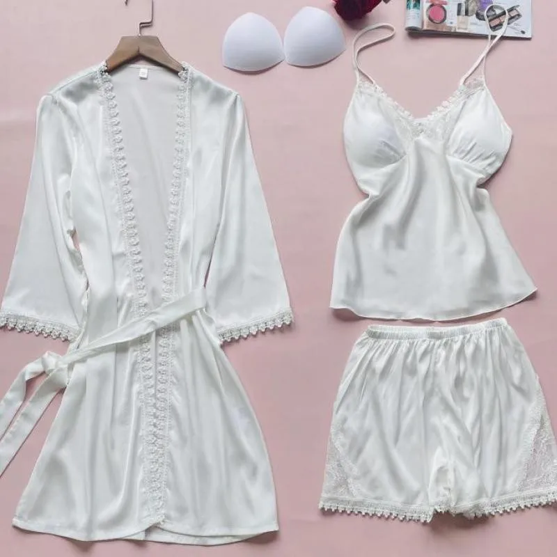 

Satin Pajamas Suit For Women 3PCS Sleepwear V-Neck Summer New Kimono Robe Gown Home Clothes Rayon Loungewear With Shorts Sets