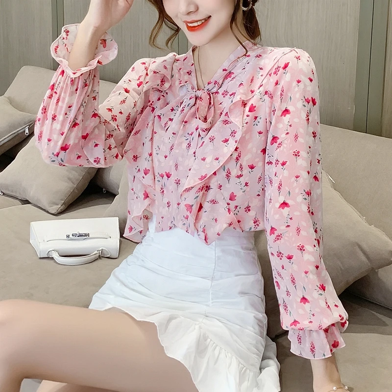 

Falbala Sweet Pink Floral Chiffon Spring Autumn Woman Feminina Women'S Vintage Long Sleeve Top Blouse Fashion Clothes 2020 D0413