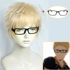 Аниме Haikyuu! Короткие светильник-Золотые очки для косплея Kei Tsukishima, термостойкие волосы + парик, шапочка для ролевых игр для женщин и мужчин