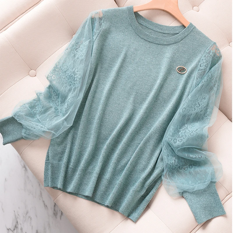 

2020 Summer Lace Patchwork Kintted T-shirt Women O Neck Black Long Sleeve Tshirt Korean Style Tee T Shirt Femme Camisetas Mujer