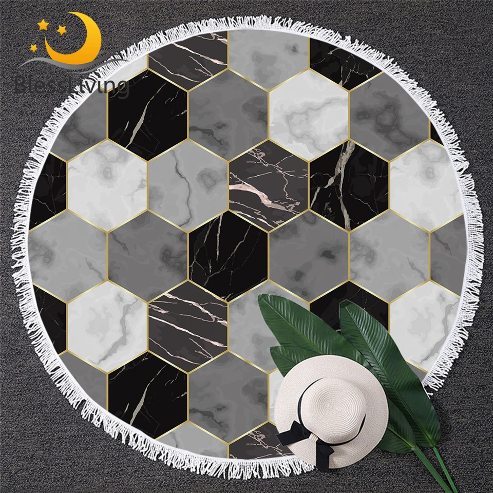 

BlessLiving Geometric Beach Towel Round Towel Large for Adult Marble Texture Toalla Tassel Stylish Stone Beach Mat Blanket 150cm