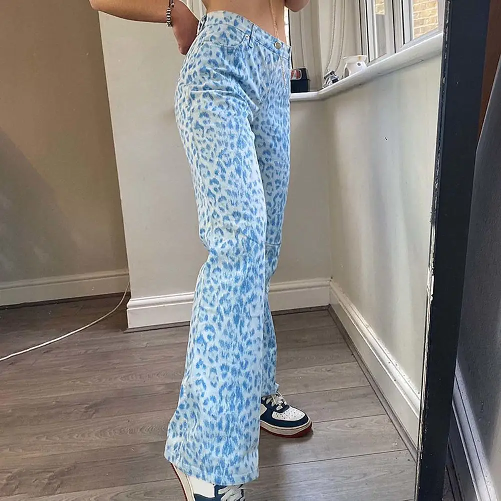 

Women Fashion High Waist Leopard Print Pockets Straight Trousers Cargo Pants