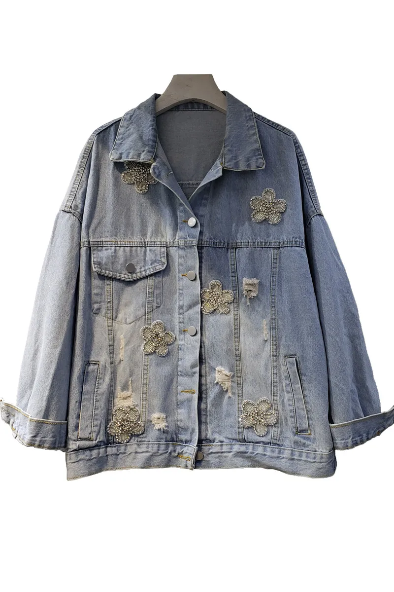 

Women Turn-down collar Embroidered Flowers Rhinestone Jean Jackets Personality Loose Diamond-Embedded Denim Coat Female Street