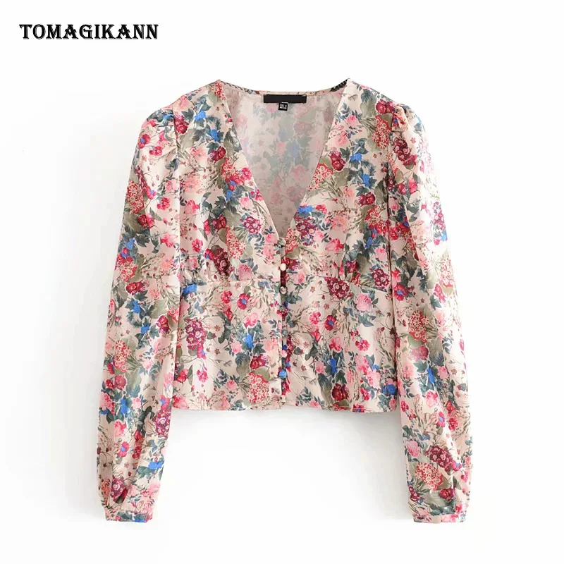 

Women Floral Print Short Blouse 2020 Chic Spring V Neck Single Breasted Slim Blouses Shirt Femininas Blusas Tops