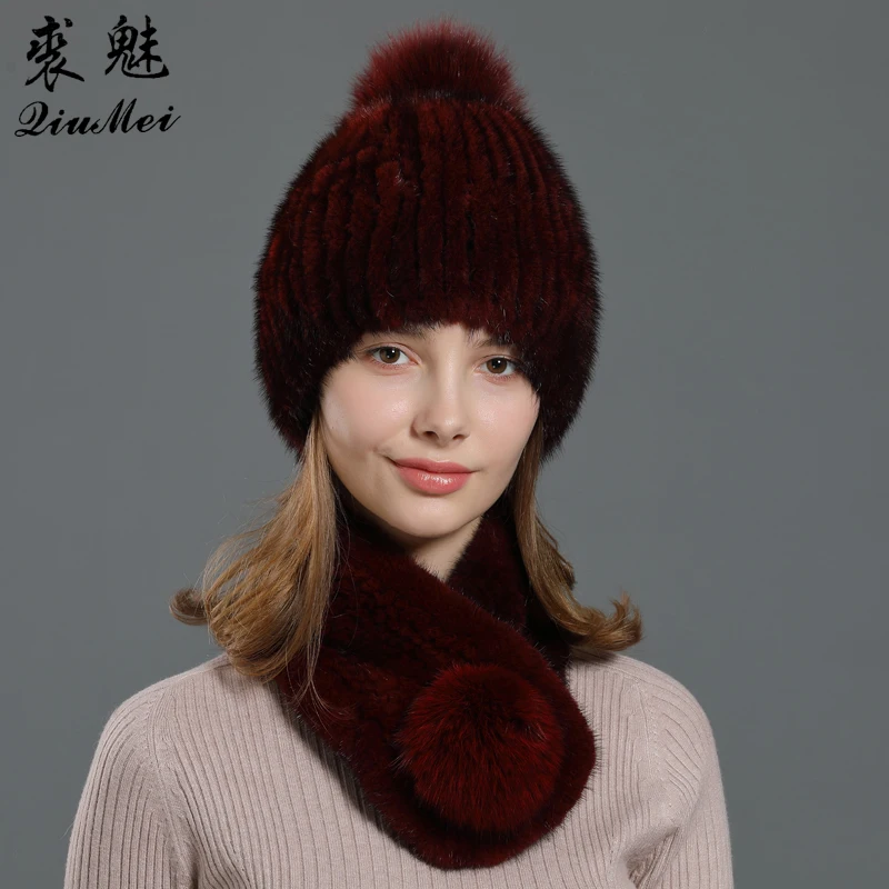 Knitting Genuine Fur Sets Women Hat and Ring Scarf Real Mink Fur Winter Fox Pompom 2020 New Fur Set Hat and Neckerchief 2pcs