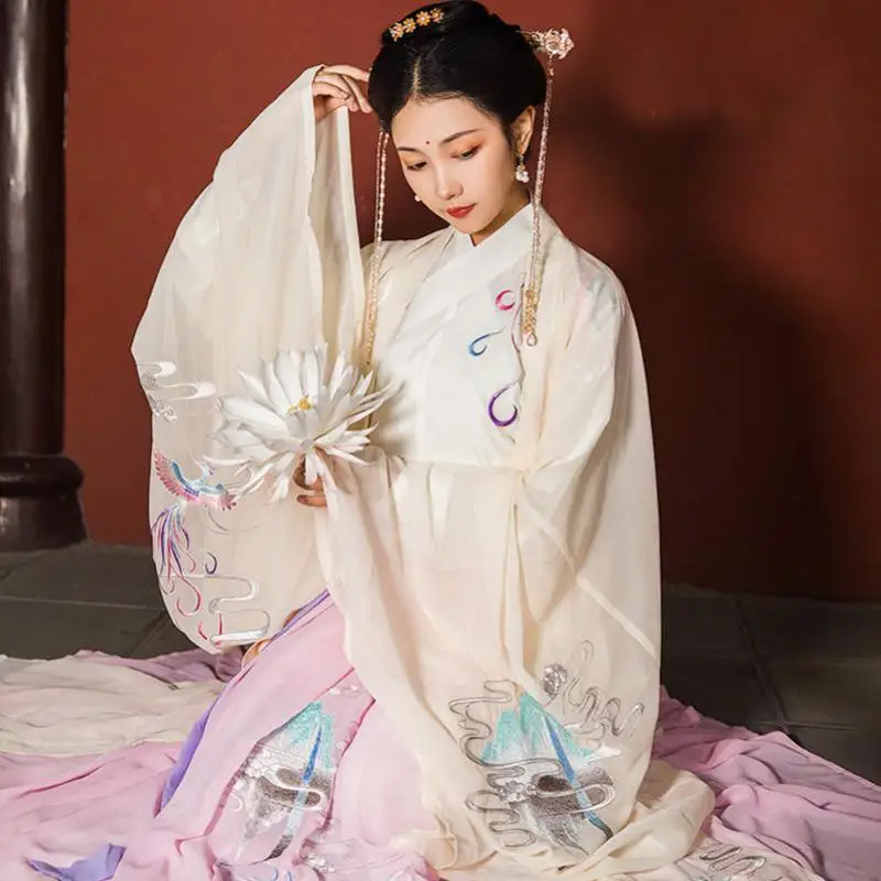 

Penglai Xianluan Hanfu Women Delivery Collar Waist Waist Skirt Big Sleeve Shirt Heavy Industry Embroidery Chinese Hanfu Dress