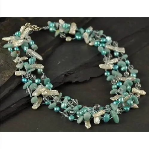 ?? 新ユニークな宝石ジュエリー琵琶湖パールブルー淡水真珠アマゾナイトネックレス手作りの女性のギフト