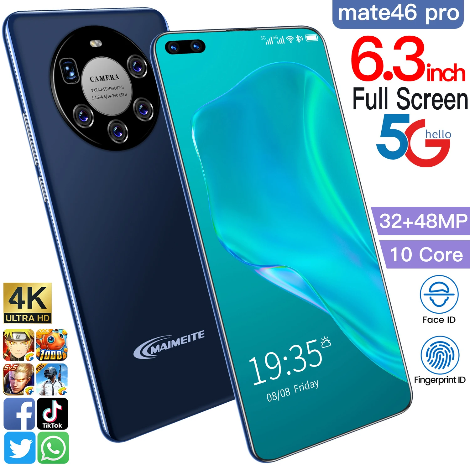 2021 Mate46 Pro 8 + 256 ГБ 6 3 дюймов полный Экран Deca Core размер экрана 4 аппарат не привязан к