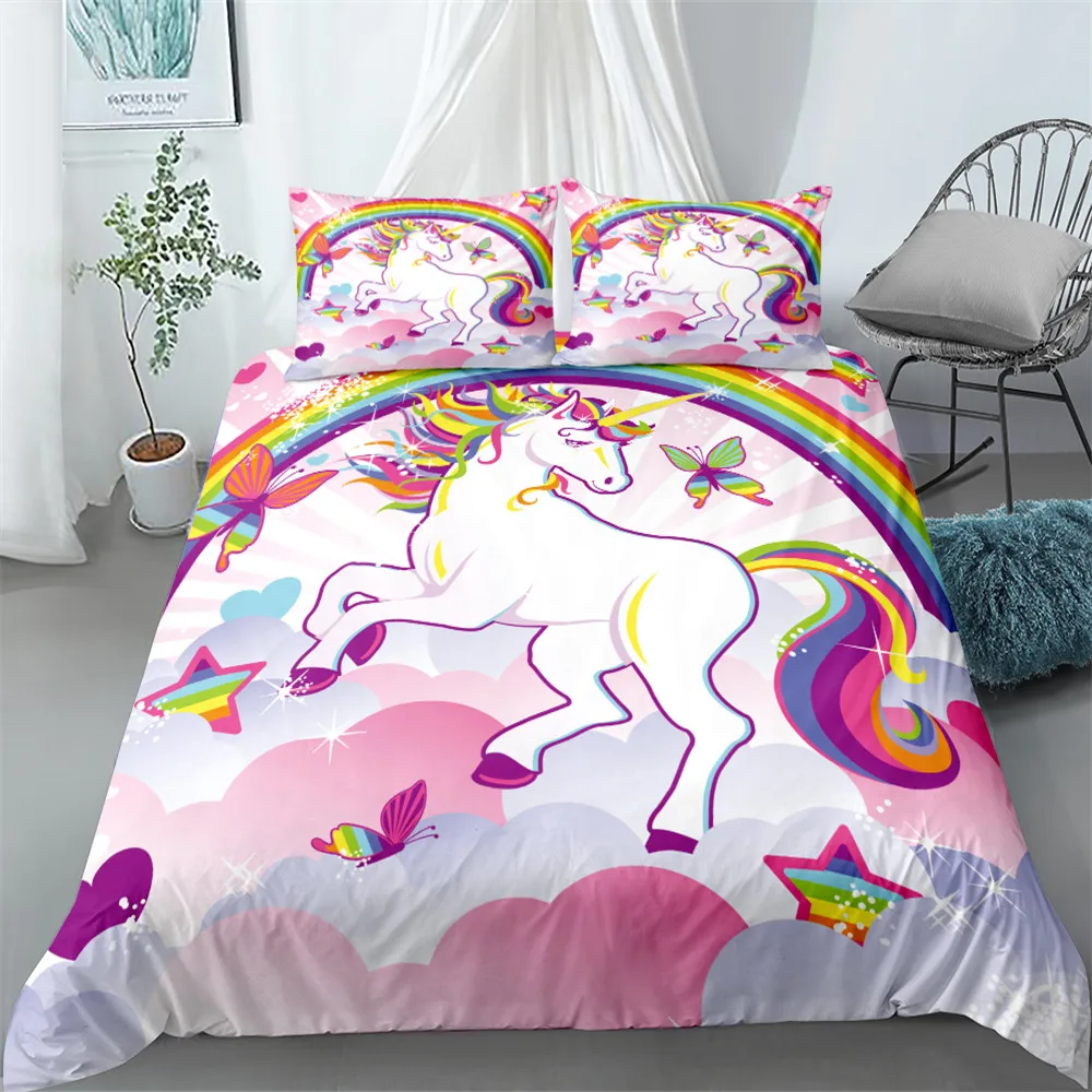

fairy tale featured smile unicorn bedding set full twin size bed set kids Cartoon duvet cover set pink princess 3D print