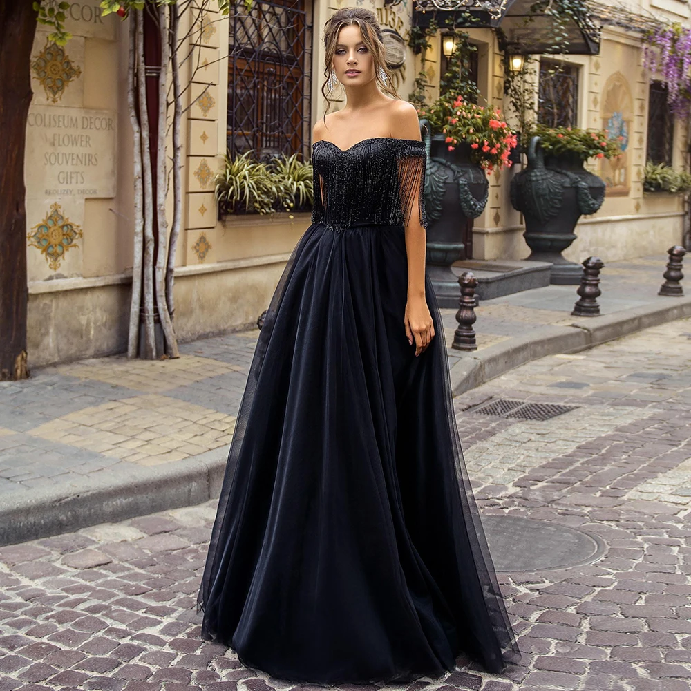 

A-Line Floor Legnth Evening Dress 2021 Elegant Sweetheart Off the Shoulder Tassel Backless Prom Party Gowns