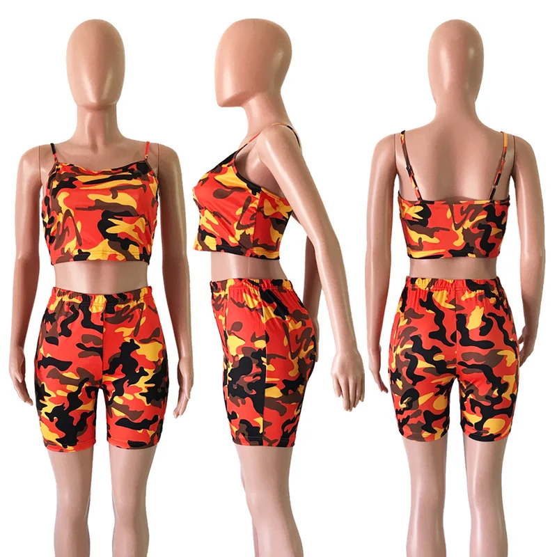 

Summer 2 Piece Set Women Biker Shorts Female Sexy Bodycon Outfits and Tracksuit Camouflage Printed Casual Crop Tops