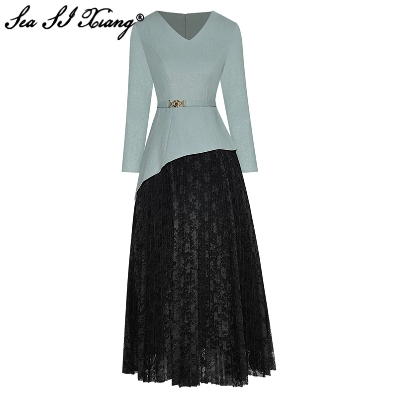 

Seasixiang Fashion Designer Autumn Dress Women V-Neck Long Sleeve Sashes Lace Patchwork Pleated Dresses