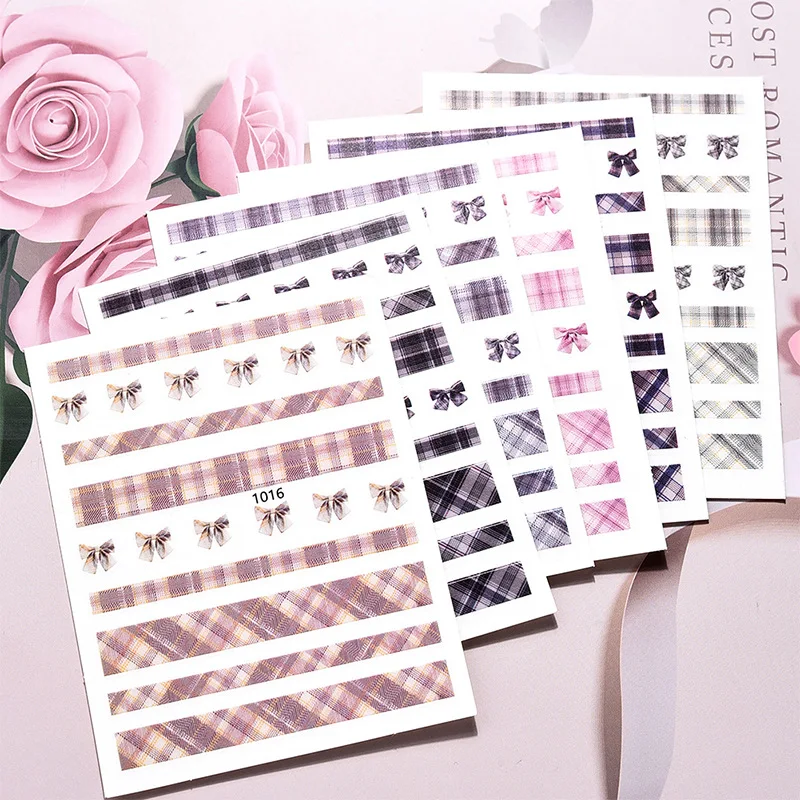 

New Scotland Style Bow Lattice Grid Nail Stickers Designer 3D DIY Transfer Water Slide for Nails Decal Manicures Decoration