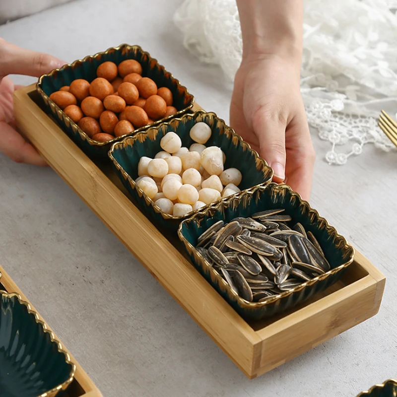 Темно зеленый керамический Ретро лоток для хранения фруктов блюдо закусок