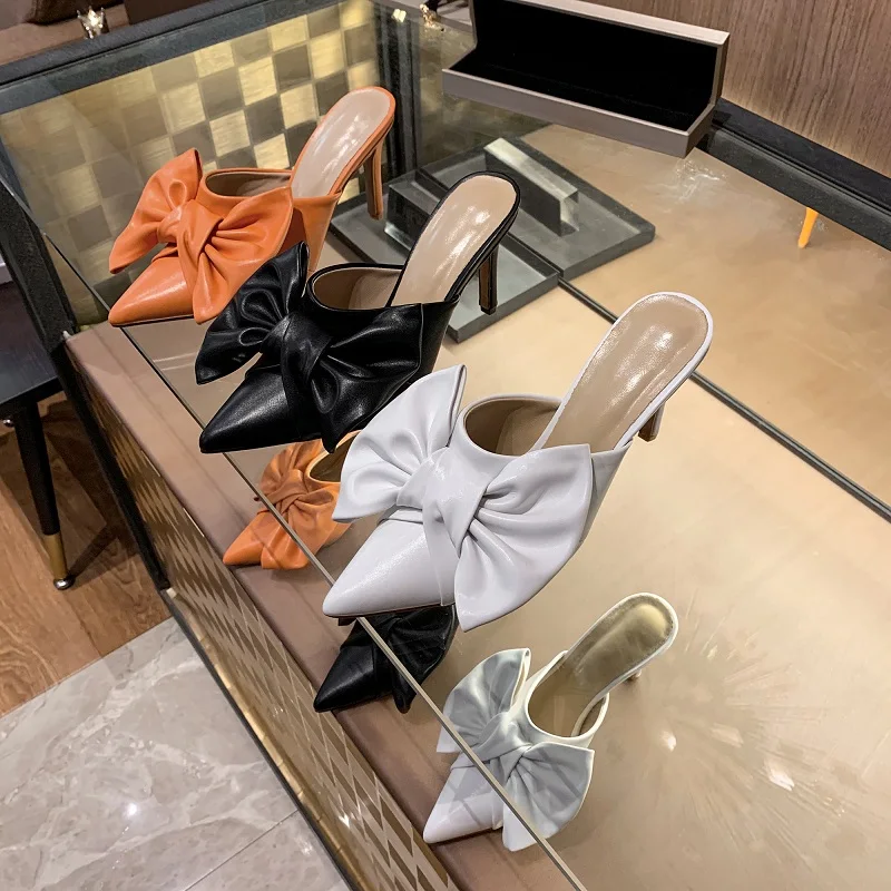 2020 Summer New All-match Bow Thin Heeled Sexy Fashion Outer Wear Baotou High Heel Slippers Pointed Toe
