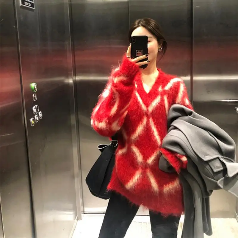 Женский мохеровый пуловер с V-образным вырезом и длинным рукавом | Женская одежда