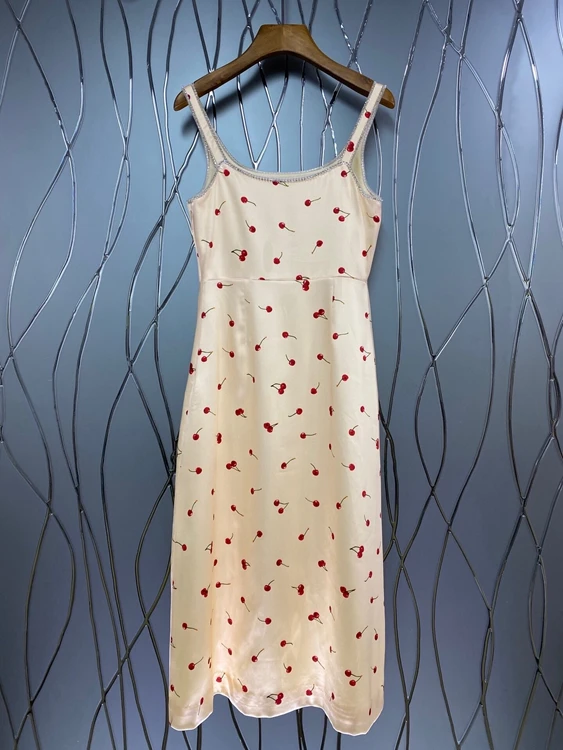 

2021 new women fashion diamond-trimmed cherry print off-the-shoulder suspender long skirt dress 513